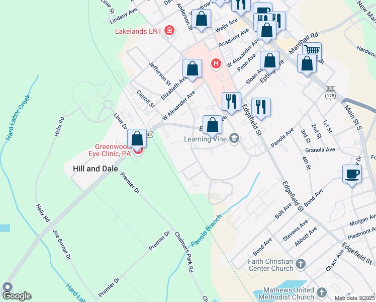 map of restaurants, bars, coffee shops, grocery stores, and more near 212 Overland Drive in Greenwood