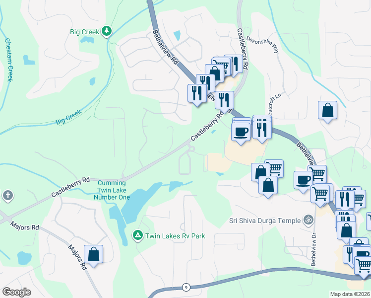 map of restaurants, bars, coffee shops, grocery stores, and more near 5820 Redstone Way in Cumming