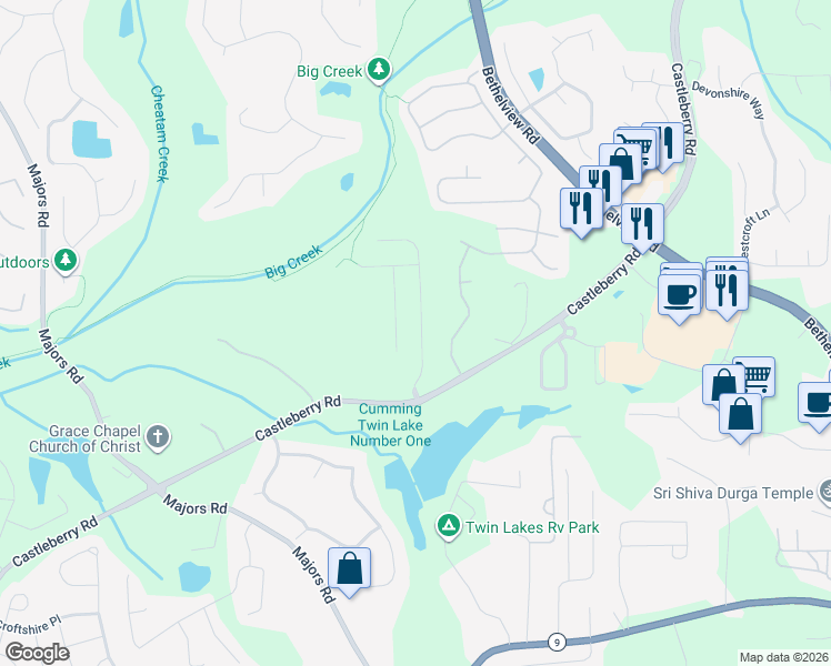 map of restaurants, bars, coffee shops, grocery stores, and more near 5980 Bluff Heights Drive in Cumming
