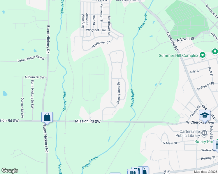 map of restaurants, bars, coffee shops, grocery stores, and more near 20 Twelve Oaks Drive Southeast in Cartersville