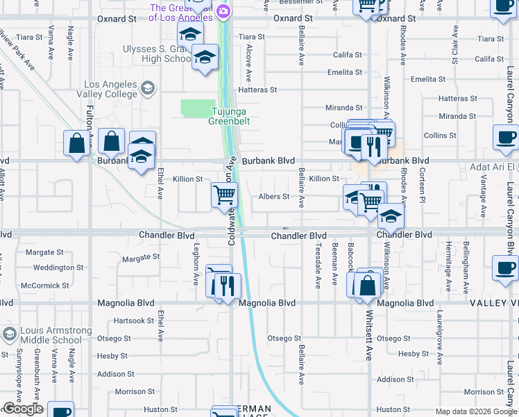 map of restaurants, bars, coffee shops, grocery stores, and more near 12760 Albers Street in Los Angeles