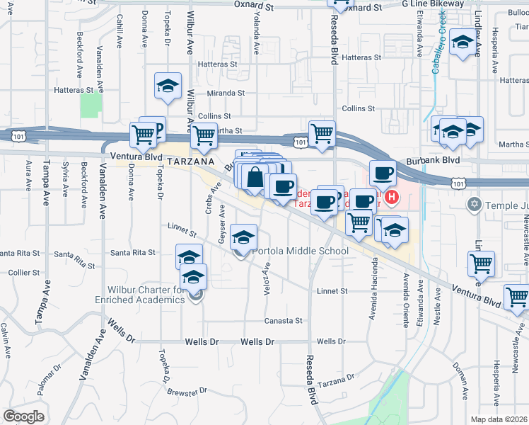 map of restaurants, bars, coffee shops, grocery stores, and more near 5420 Yolanda Avenue in Los Angeles