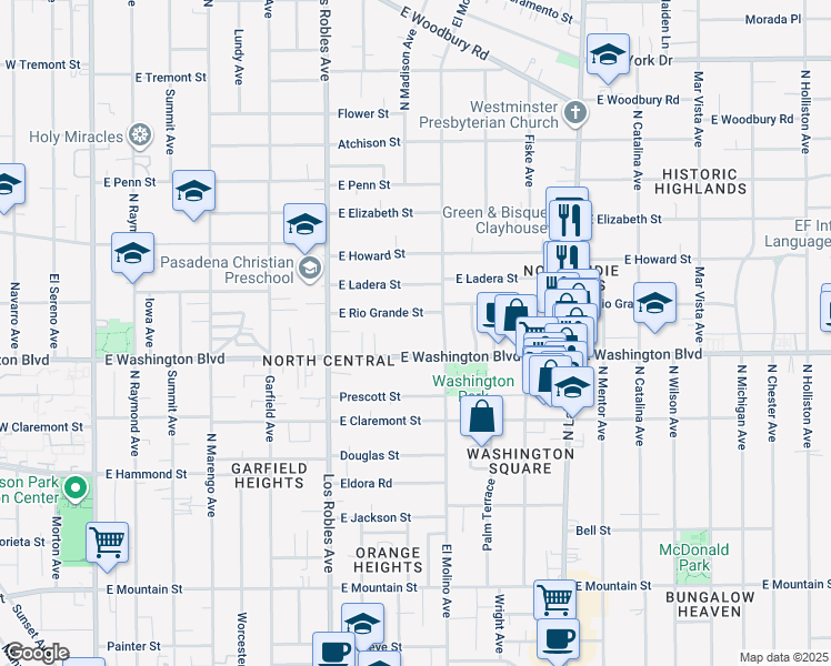 map of restaurants, bars, coffee shops, grocery stores, and more near 595 East Washington Boulevard in Pasadena
