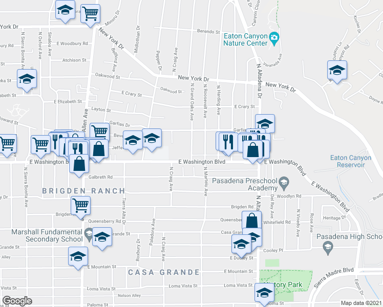 map of restaurants, bars, coffee shops, grocery stores, and more near 1365 Grand Oak Avenue in Pasadena