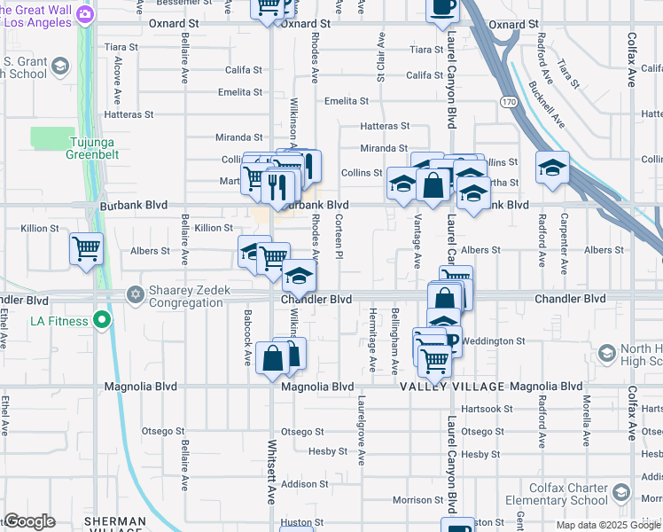 map of restaurants, bars, coffee shops, grocery stores, and more near 5437 Corteen Place in Los Angeles