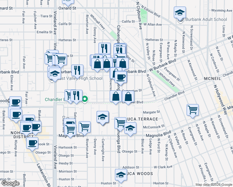 map of restaurants, bars, coffee shops, grocery stores, and more near 5439 Cahuenga Boulevard in Los Angeles