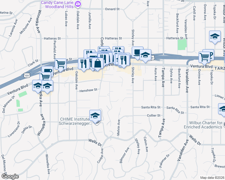 map of restaurants, bars, coffee shops, grocery stores, and more near 5448 Bothwell Road in Los Angeles