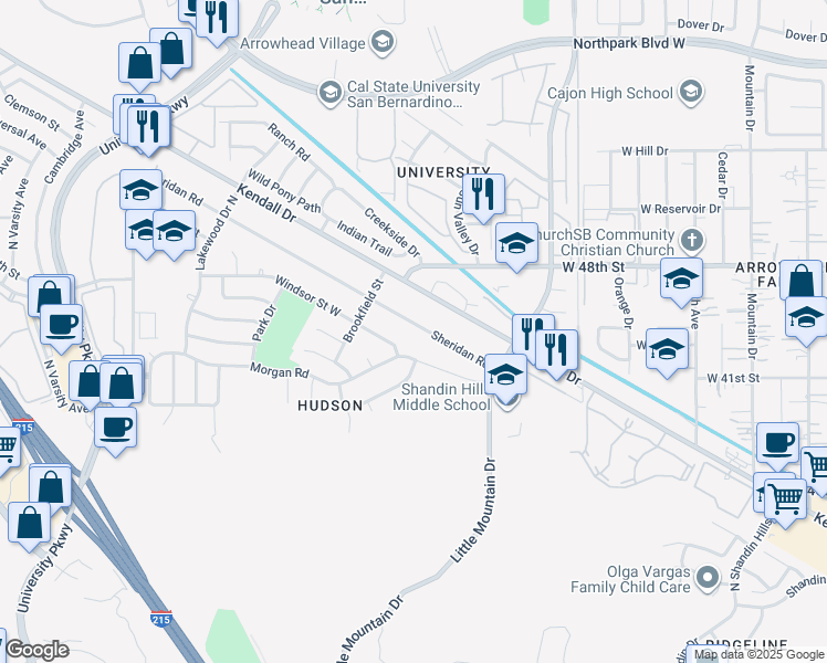 map of restaurants, bars, coffee shops, grocery stores, and more near 1463 Sheridan Road in San Bernardino