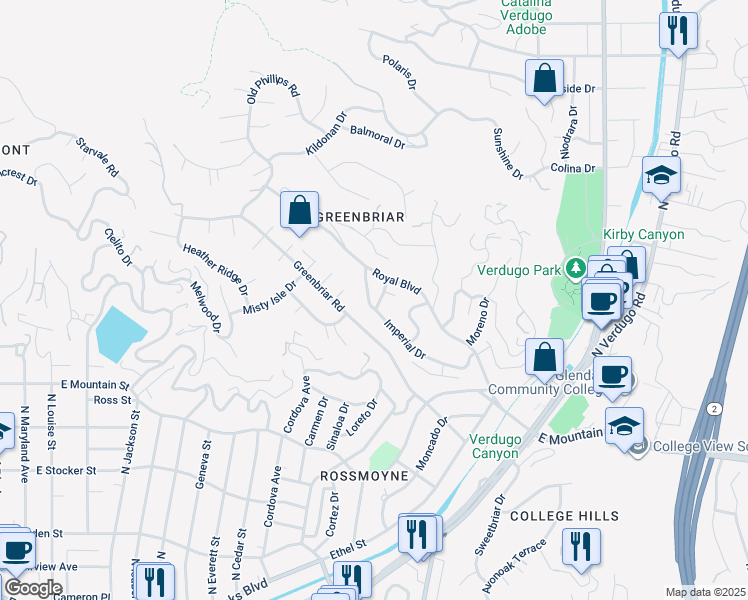 map of restaurants, bars, coffee shops, grocery stores, and more near 1233 Imperial Drive in Glendale