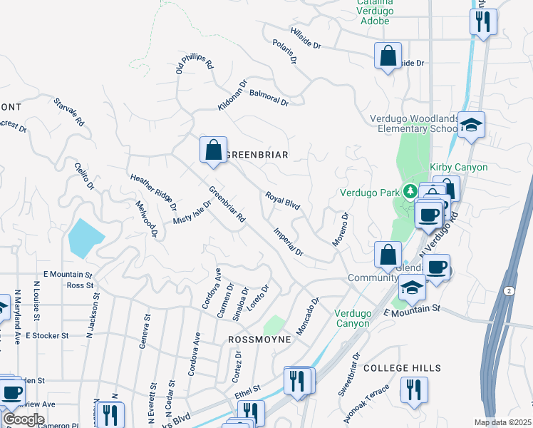 map of restaurants, bars, coffee shops, grocery stores, and more near 1233 Imperial Drive in Glendale
