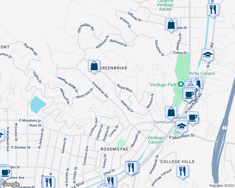 map of restaurants, bars, coffee shops, grocery stores, and more near 1233 Imperial Drive in Glendale