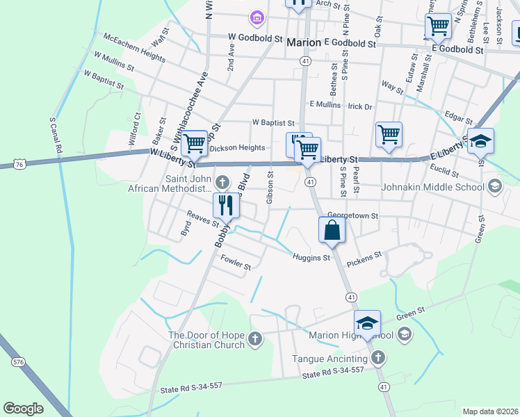 map of restaurants, bars, coffee shops, grocery stores, and more near 703 Saint Johns Court in Marion
