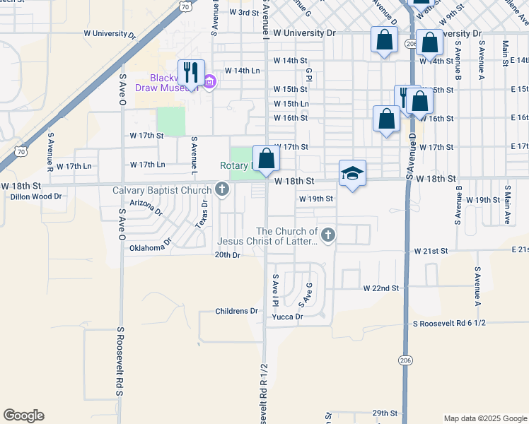 map of restaurants, bars, coffee shops, grocery stores, and more near 1901 South Avenue I in Portales
