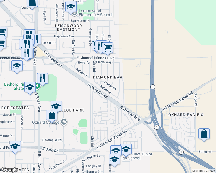map of restaurants, bars, coffee shops, grocery stores, and more near 3401 Modoc Drive in Oxnard