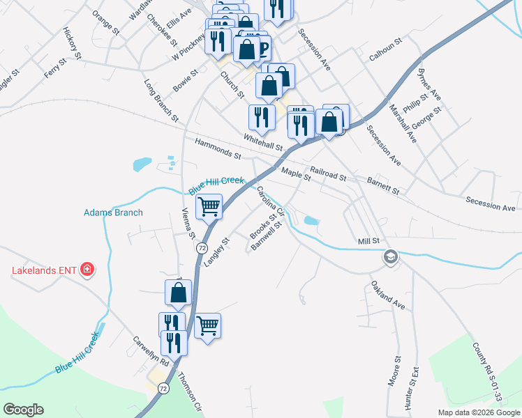 map of restaurants, bars, coffee shops, grocery stores, and more near 202 Carolina Circle in Abbeville