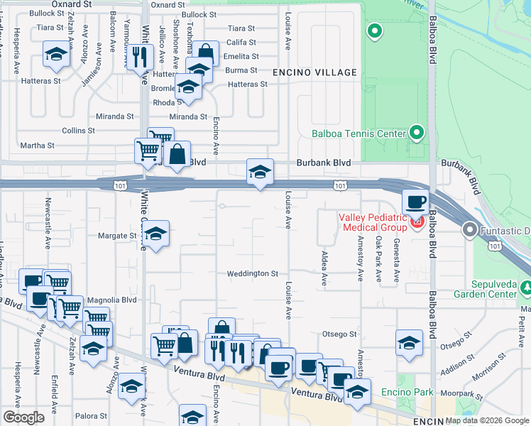 map of restaurants, bars, coffee shops, grocery stores, and more near 17341 Cumpston Street in Los Angeles