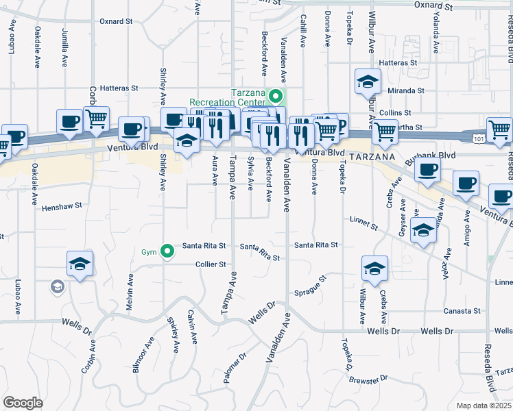map of restaurants, bars, coffee shops, grocery stores, and more near 5433 Sylvia Avenue in Los Angeles
