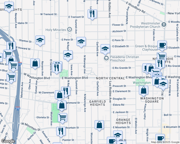 map of restaurants, bars, coffee shops, grocery stores, and more near 264 Robinson Road in Pasadena
