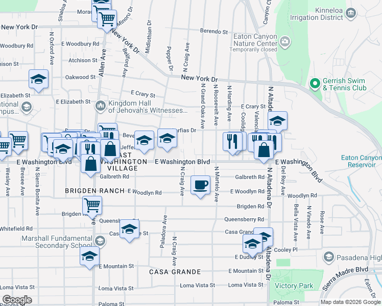 map of restaurants, bars, coffee shops, grocery stores, and more near 2200 Garfias Drive in Pasadena