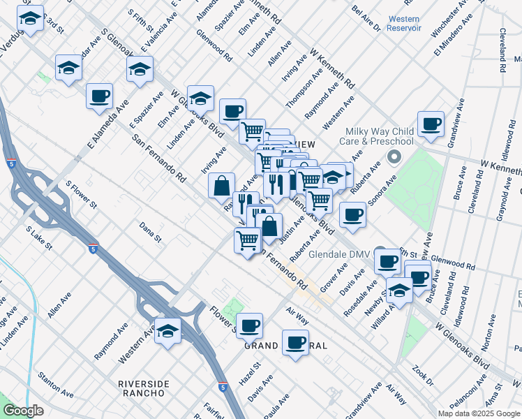 map of restaurants, bars, coffee shops, grocery stores, and more near 1030 Western Avenue in Glendale