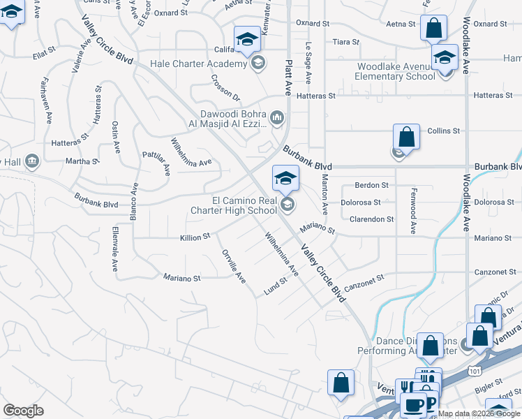 map of restaurants, bars, coffee shops, grocery stores, and more near 23740 Killion Street in Los Angeles