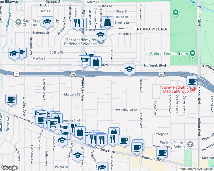 map of restaurants, bars, coffee shops, grocery stores, and more near 5445 Encino Avenue in Los Angeles