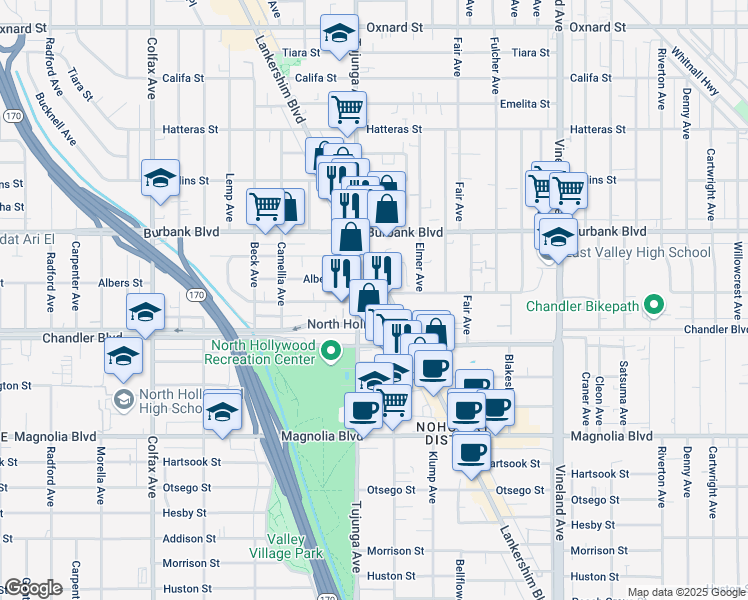 map of restaurants, bars, coffee shops, grocery stores, and more near 5445 Lankershim Boulevard in Los Angeles