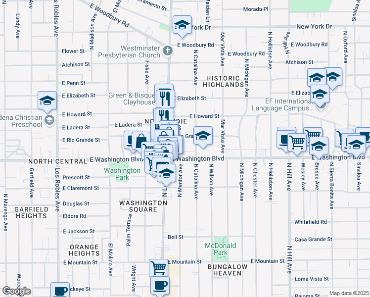 map of restaurants, bars, coffee shops, grocery stores, and more near 1404 North Mentor Avenue in Pasadena