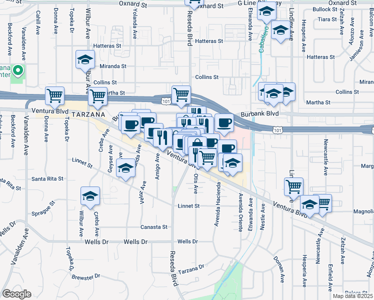 map of restaurants, bars, coffee shops, grocery stores, and more near 5503 Reseda Boulevard in Los Angeles