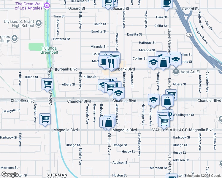 map of restaurants, bars, coffee shops, grocery stores, and more near 12455 Cumpston Street in Los Angeles