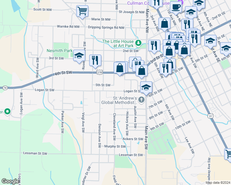 map of restaurants, bars, coffee shops, grocery stores, and more near 516 Cleveland Avenue Southwest in Cullman