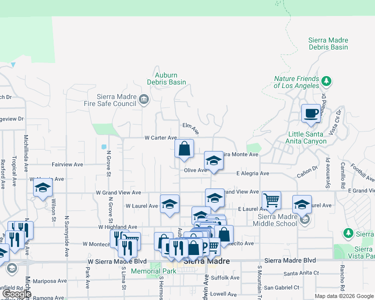 map of restaurants, bars, coffee shops, grocery stores, and more near 93 West Mira Monte Avenue in Sierra Madre