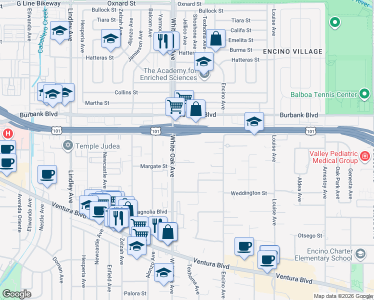 map of restaurants, bars, coffee shops, grocery stores, and more near 5460 White Oak Avenue in Los Angeles