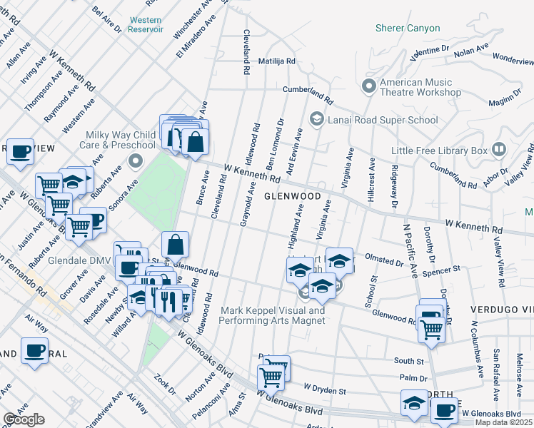 map of restaurants, bars, coffee shops, grocery stores, and more near 1423 Norton Avenue in Glendale