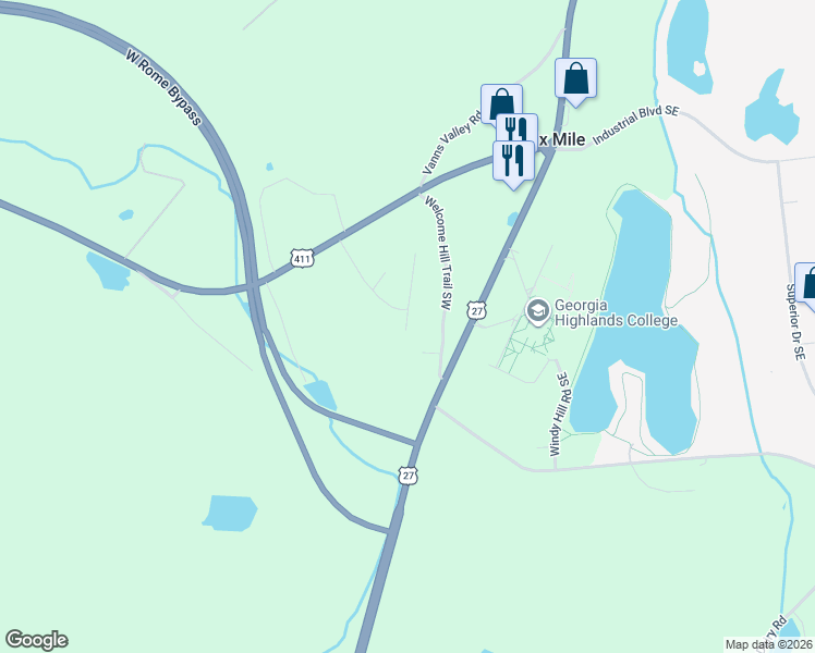 map of restaurants, bars, coffee shops, grocery stores, and more near 4 College View Drive Southwest in Rome