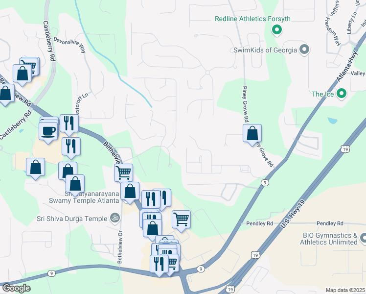 map of restaurants, bars, coffee shops, grocery stores, and more near 2785 Gateview Court in Cumming