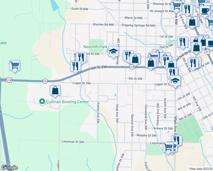 map of restaurants, bars, coffee shops, grocery stores, and more near 1524 Logan Street Southwest in Cullman