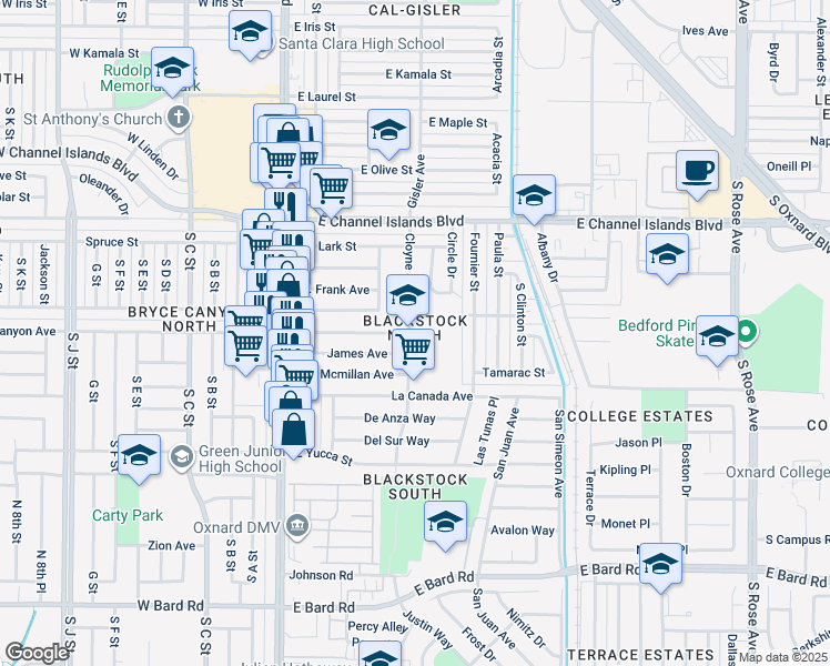 map of restaurants, bars, coffee shops, grocery stores, and more near 550 Thomas Avenue in Oxnard