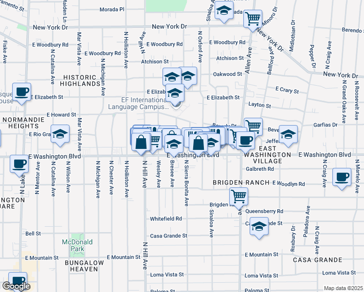 map of restaurants, bars, coffee shops, grocery stores, and more near 1575 East Washington Boulevard in Pasadena