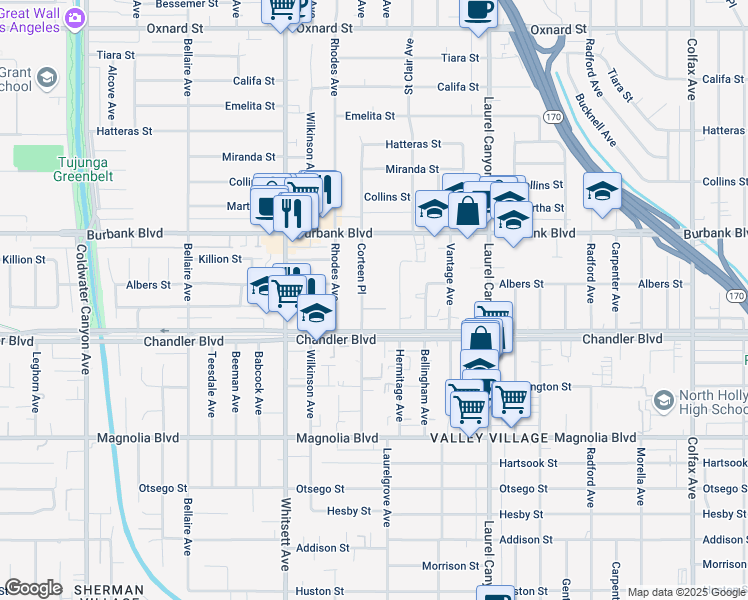 map of restaurants, bars, coffee shops, grocery stores, and more near 5430 Corteen Place in Los Angeles