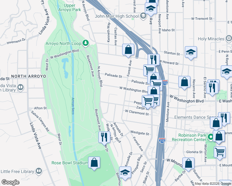 map of restaurants, bars, coffee shops, grocery stores, and more near 644 West Washington Boulevard in Pasadena