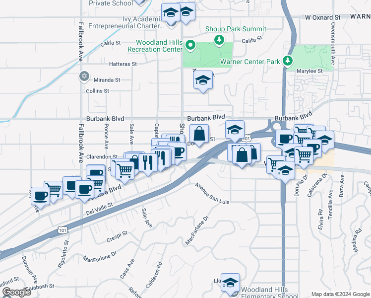 map of restaurants, bars, coffee shops, grocery stores, and more near 22354 Dolorosa Street in Los Angeles