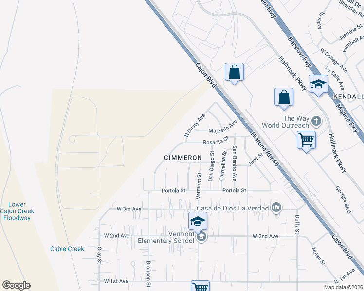 map of restaurants, bars, coffee shops, grocery stores, and more near 4595 Bronson Street in San Bernardino