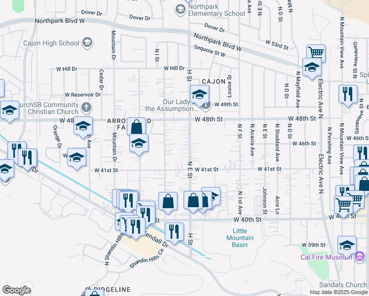 map of restaurants, bars, coffee shops, grocery stores, and more near 4144 North E Street in San Bernardino