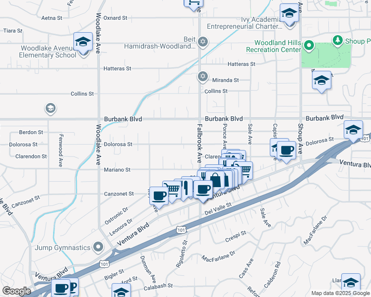 map of restaurants, bars, coffee shops, grocery stores, and more near 22830 Dolorosa Street in Los Angeles