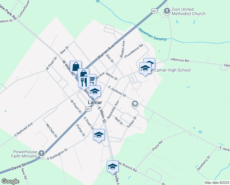 map of restaurants, bars, coffee shops, grocery stores, and more near 114 North Darlington Avenue in Lamar
