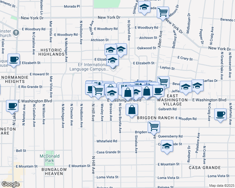 map of restaurants, bars, coffee shops, grocery stores, and more near 1382 North Sierra Bonita Avenue in Pasadena
