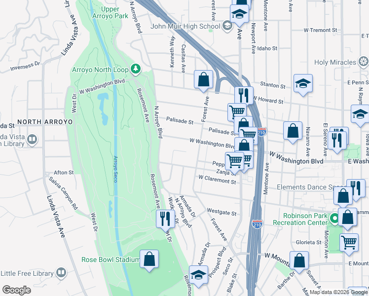 map of restaurants, bars, coffee shops, grocery stores, and more near 644 West Washington Boulevard in Pasadena