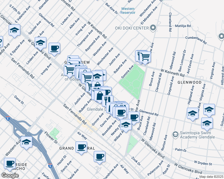 map of restaurants, bars, coffee shops, grocery stores, and more near 1160 Sonora Avenue in Glendale