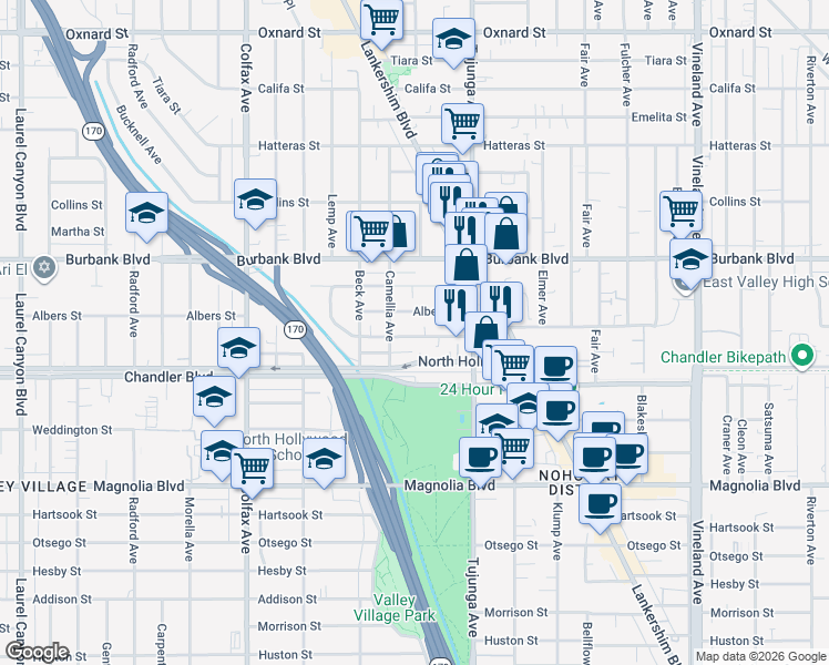 map of restaurants, bars, coffee shops, grocery stores, and more near 11475 Cumpston Street in Los Angeles